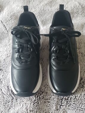DKNY Black Leather Sneakers with White Platform Soles